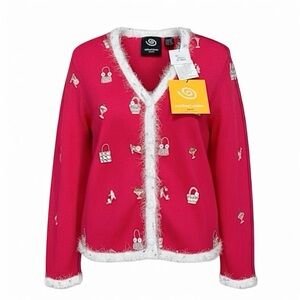 Michael Simon Pink Beaded Cardigan Size L Y2K Novelty Purse Heels Martini Glass